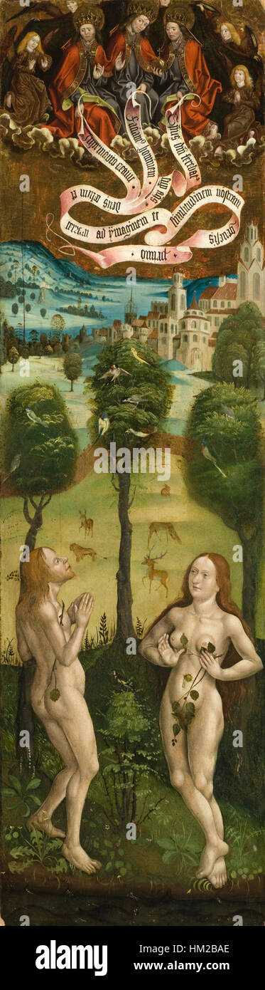 « Adam et Ève au Paradis » de Jan Polack est une œuvre d'art religieux de la Renaissance présentant l'histoire biblique de la création, mettant en avant des détails et des thèmes bibliques. Banque D'Images