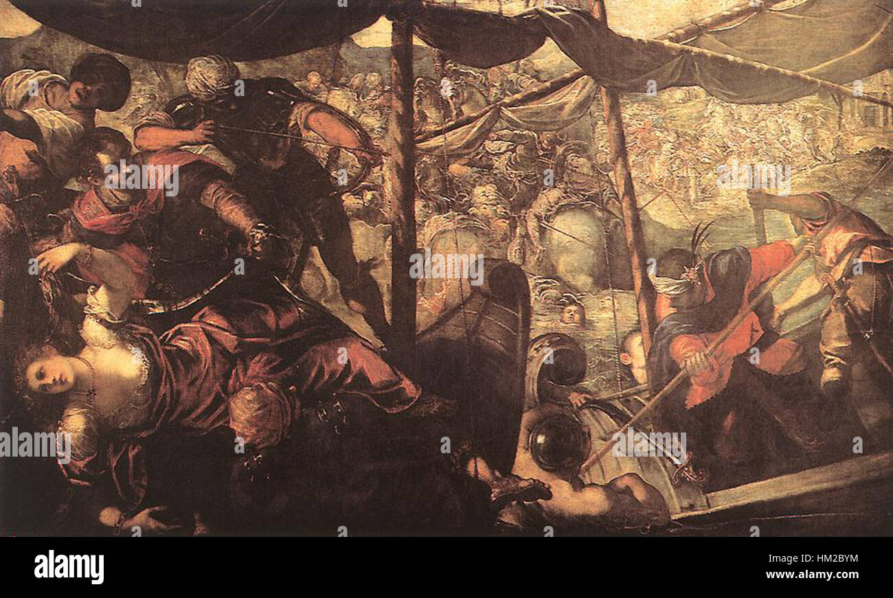 *Bataille entre Turcs et Chrétiens* de Jacopo Tintoretto est une peinture à l'huile représentant une scène dramatique des guerres de religion entre l'Empire ottoman et les forces chrétiennes. La peinture capture le chaos et l'intensité de la bataille. Banque D'Images