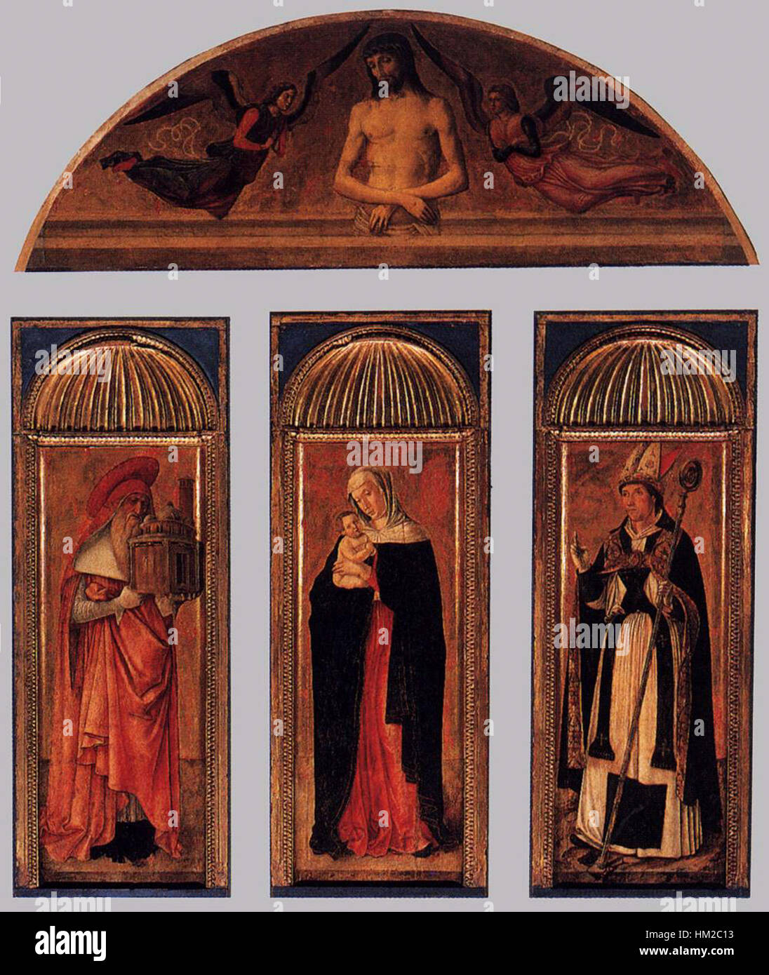 Le « triptyque de la Vierge » de Jacopo Bellini représente la Vierge Marie entourée de saints, mettant en valeur l'utilisation magistrale de la couleur et de l'iconographie religieuse de Bellini dans le vénitien du XVe siècle Banque D'Images