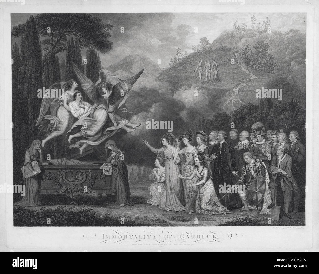 "Immortalité de Garrick" de James Caldwall est une gravure commémorative en l'honneur de David Garrick, un célèbre acteur anglais du XVIIIe siècle. L'œuvre présente l'héritage de Garrick dans le monde théâtral, entouré d'éléments symboliques de sa renommée et de sa contribution aux art. Banque D'Images