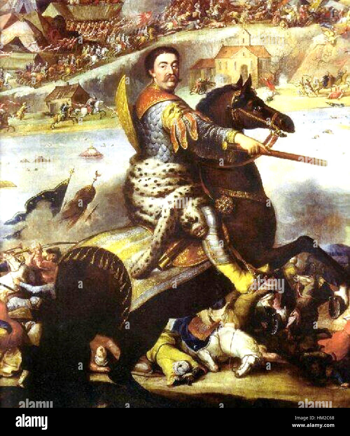 *Jean III Sobieski in the Battle of Khotyn 1673* est une peinture représentant la victoire du roi polonais sur l'Empire ottoman à la bataille de Khotyn. L’œuvre met en lumière le leadership de Sobieski et l’importance de la bataille dans l’histoire européenne. Banque D'Images