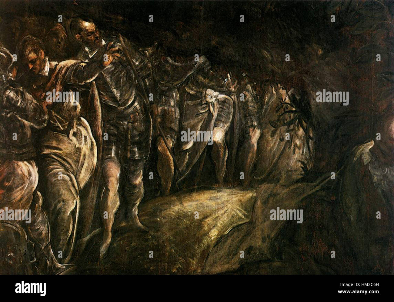*La prière dans le jardin* de Jacopo Tintoretto représente une scène dramatique et émotionnelle où le Christ prie dans le jardin de Gethsémani, avec ses disciples endormis en arrière-plan. Ce détail capture l'utilisation magistrale de la lumière et de l'ombre par le Tintoret pour mettre en évidence l'intensité du moment, avec l'isolement du Christ et la contemplation profonde au centre de la composition. Banque D'Images