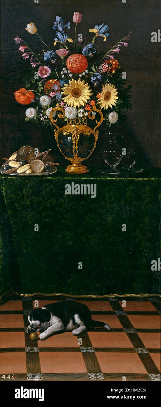 Le tableau Hamen-florero présente un arrangement floral de l'artiste, mettant en valeur les subtilités de la botanique La composition du tableau met en valeur l’élégance et les détails fins des fleurs, offrant un aperçu de l’habileté de l’artiste à dépeindre la nature. Il fait partie d’une collection plus large d’art floral de cette période. Banque D'Images