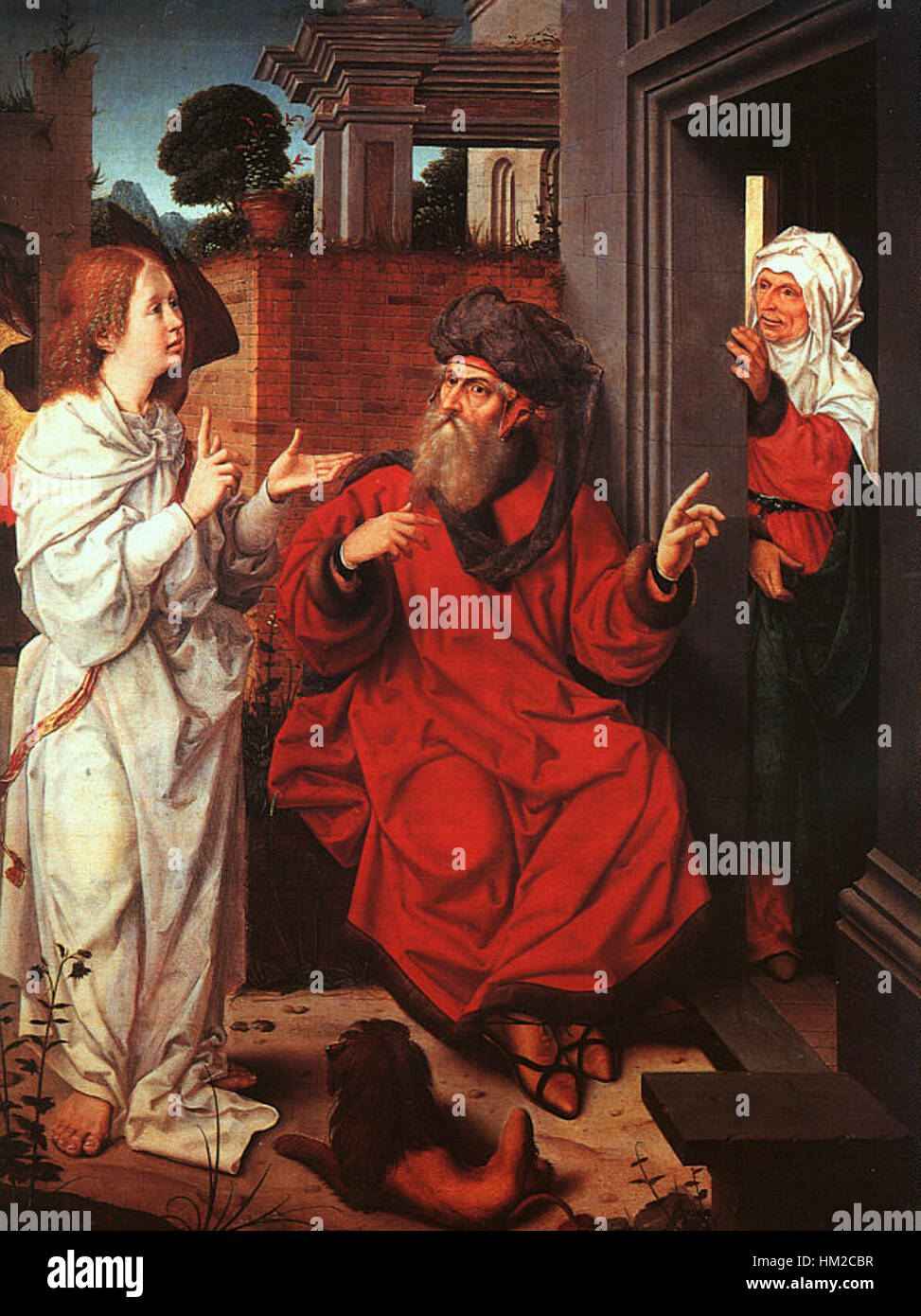 Cette peinture à l’huile de Jan Provoost dépeint la scène biblique d’Abraham, Sarah et l’Ange, capturant le moment avec des détails fins et des figures expressives, démontrant l’habileté de Provoost dans la narration biblique Banque D'Images