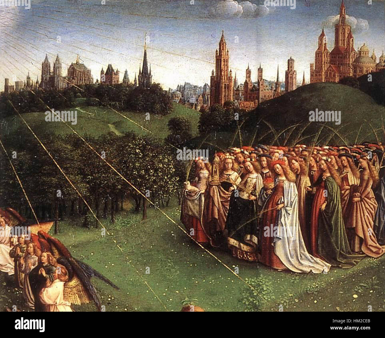 Une vue détaillée de l'Adoration de l'Agneau du célèbre retable de Gand par Jan van Eyck. Ce chef-d'œuvre flamand du XVe siècle présente un symbolisme religieux complexe et un savoir-faire exceptionnel. Banque D'Images
