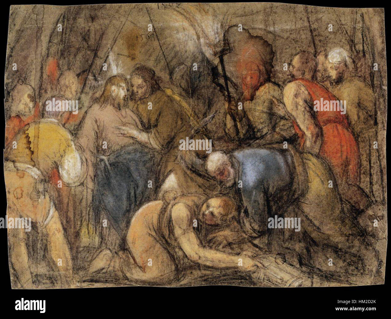 'La trahison du Christ' de Jacopo da Ponte est une peinture à l'huile dramatique représentant le moment de la trahison de Judas dans le jardin de Gethsémani. Le tableau capte une intense émotion et un symbolisme religieux typique de la Renaissance Banque D'Images