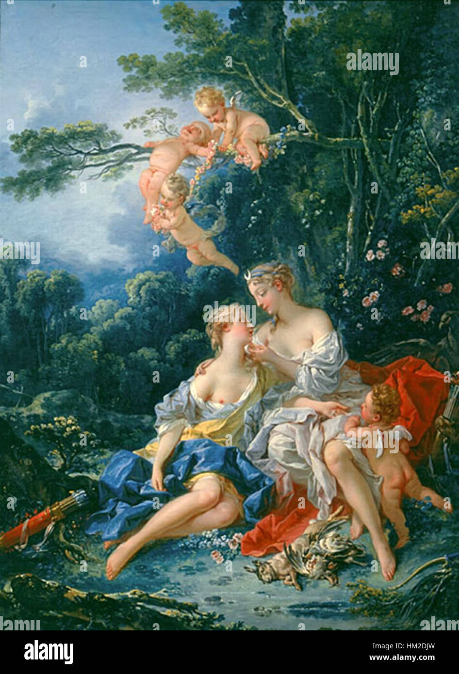 La peinture de François Boucher 'Jupiter et Kallisto' dépeint l'histoire mythologique de la transformation de Jupiter et de son effet sur Kallisto. L'œuvre est une représentation vivante de thèmes mythologiques, mettant en valeur la maîtrise du style rococo par Boucher. Banque D'Images