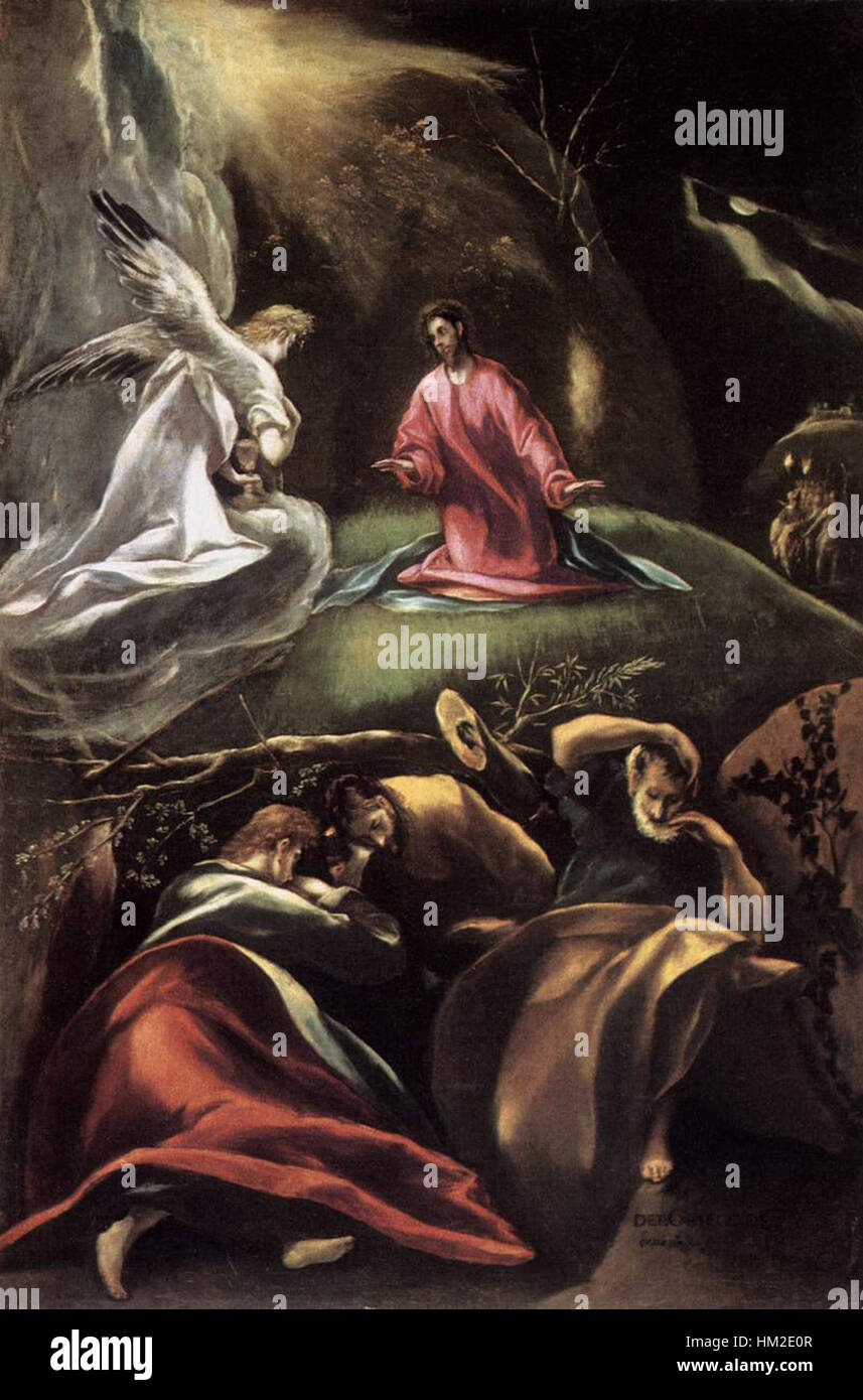 'La Oración del Huerto' d'El Greco (1605) capture le moment de la prière du Christ dans le jardin de Gethsémani. Connue pour son utilisation dramatique de la couleur et des figures allongées, cette peinture à l'huile est un exemple notable des thèmes émotionnels et religieux de la Renaissance espagnole. Banque D'Images