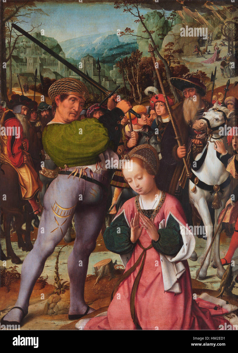 « Le martyre de Catherine » de Jan Provoost représente la mort tragique du saint, une scène riche en signification émotionnelle et religieuse. L'artiste capture le moment dramatique avec des détails complexes et des couleurs vives. Banque D'Images