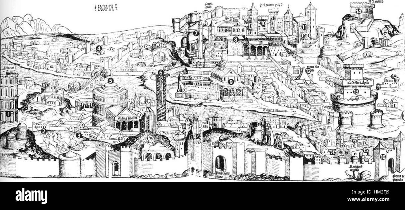 Cette gravure sur bois de la 'chronique de Nuremberg' de Hartmann Schedel représente une vue panoramique détaillée de Rome, reflétant l'importance de la ville dans l'histoire européenne à la fin du moyen âge. Banque D'Images