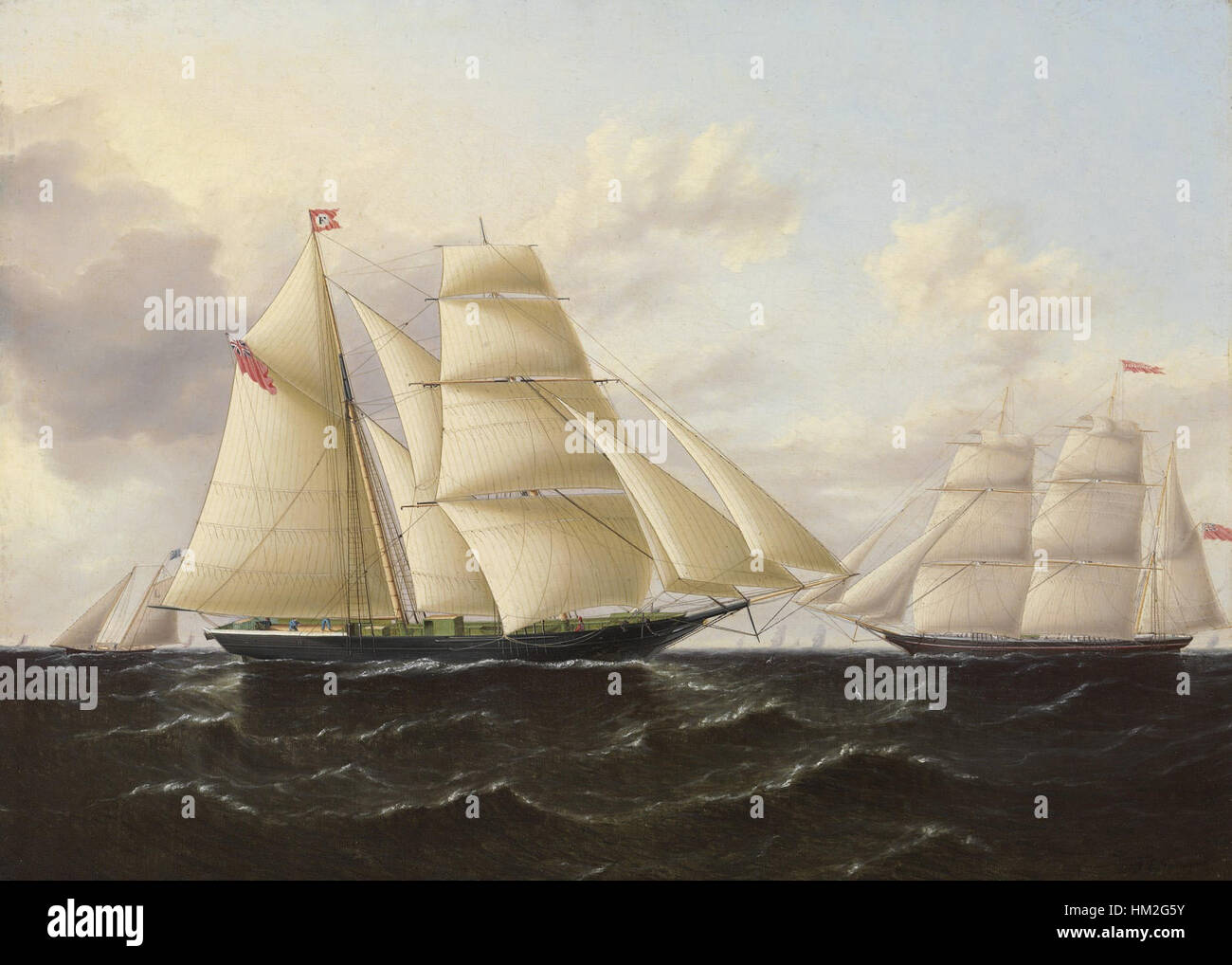 Cette peinture de James E. Buttersworth représente le navire-clipper 'Ariel', avec la goélette 'Josephine' en arrière-plan. L'œuvre d'art capture la grâce et la puissance de ces voiliers historiques. Banque D'Images