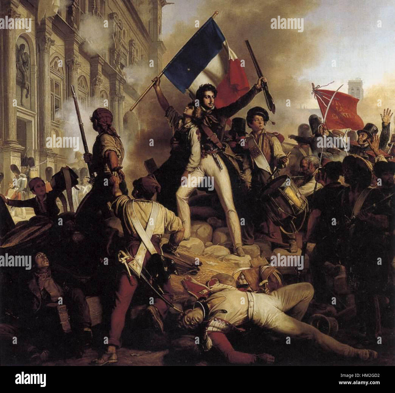 'La bataille pour l'Hôtel de ville' de Jean-Victor Schnetz est une peinture à l'huile représentant un moment charnière de la Révolution de juillet 1830 en France. L'œuvre illustre le conflit intense entre les révolutionnaires et les forces royales, mettant en valeur le chaos et l'héroïsme du soulèvement. Banque D'Images