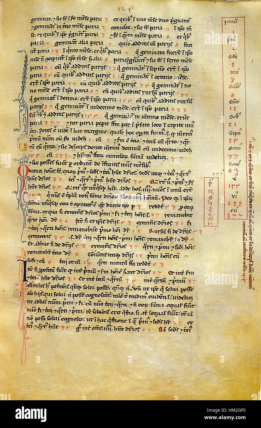 Le Liber abbaci est un manuscrit du XIIIe siècle, à l'origine de Fibonacci. Il comprend une série de problèmes mathématiques et de solutions, souvent reconnus pour son introduction de la séquence de Fibonacci dans le monde occidental. Cette œuvre peut représenter une page ou une illustration du manuscrit, qui a été une contribution clé aux mathématiques médiévales. Banque D'Images