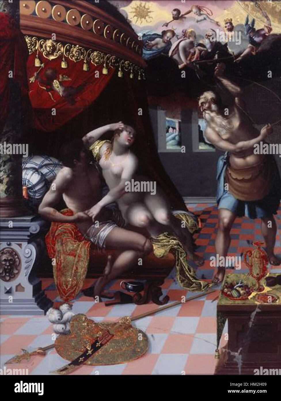 Cette peinture « Hinterglasbild » de Gyger représente Vénus, mars et Vulcain dans un cadre mythologique, rendu avec des détails complexes et des couleurs vibrantes typiques de la technique de peinture sur verre du XIXe siècle. Banque D'Images