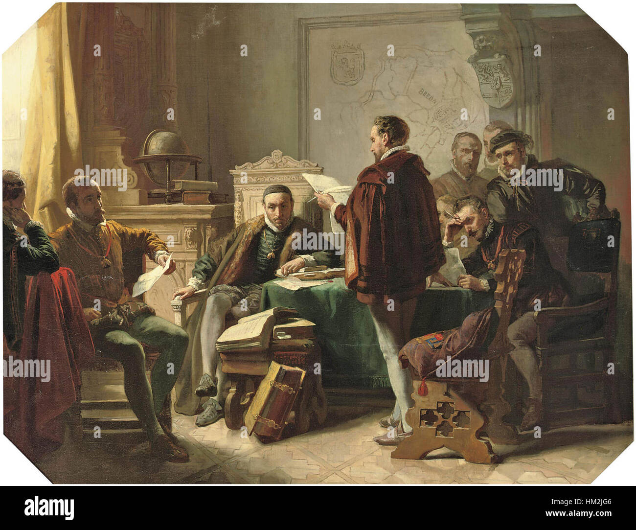 Ce tableau représente Jacob Spoel Marnix van Sint-Aldegonde déclamant avec passion *Het Wilhelmus*, l’hymne national des pays-Bas, capturant un moment d’importance historique dans le patriotisme néerlandais. Banque D'Images