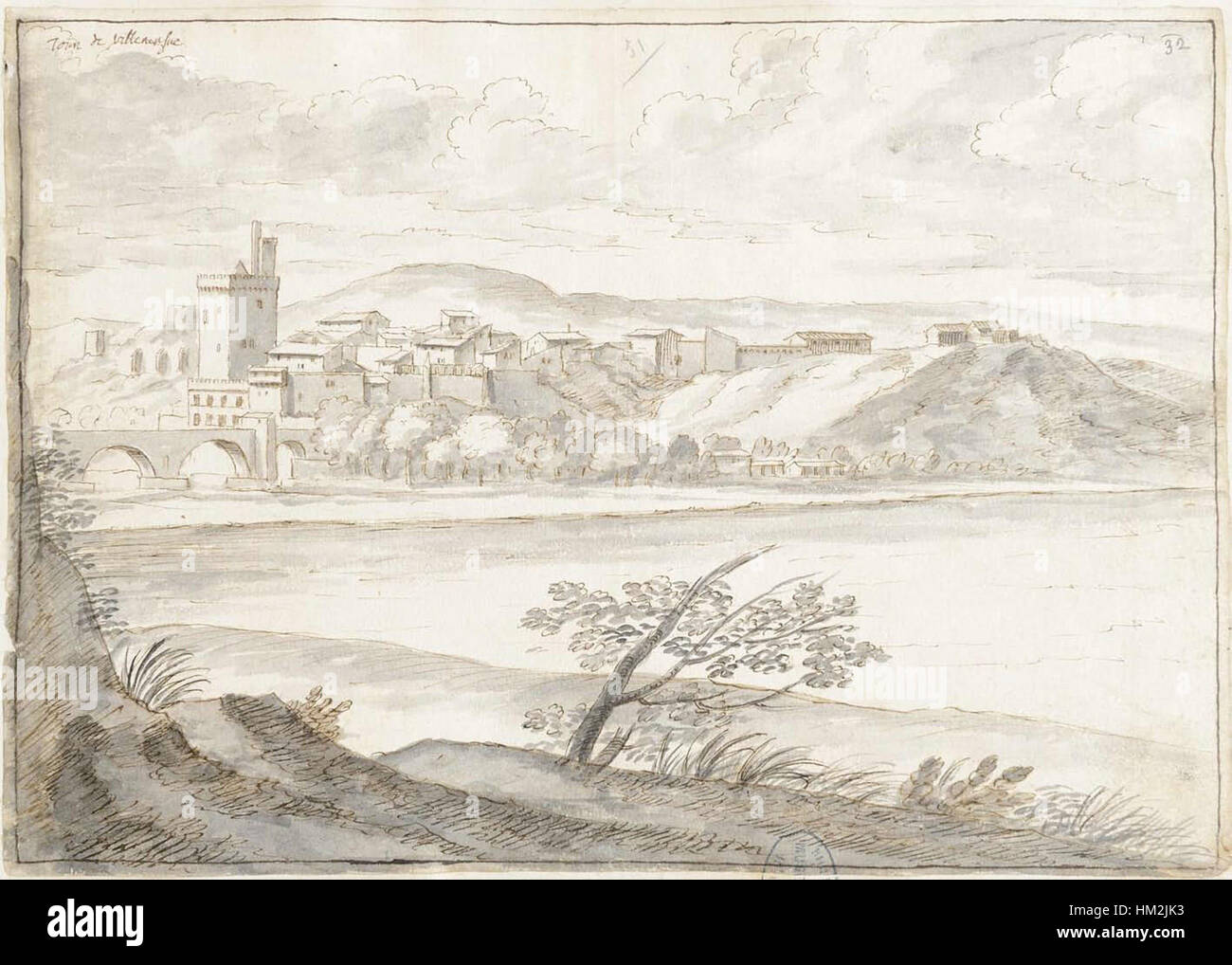 L'œuvre de 1670 de Laincel présente la Tour Philippe-le-Bel, une tour historique située à Villeneuve-lès-Avignon. L'œuvre d'art capture la beauté architecturale et l'importance historique de la tour au XVIIe siècle. Banque D'Images