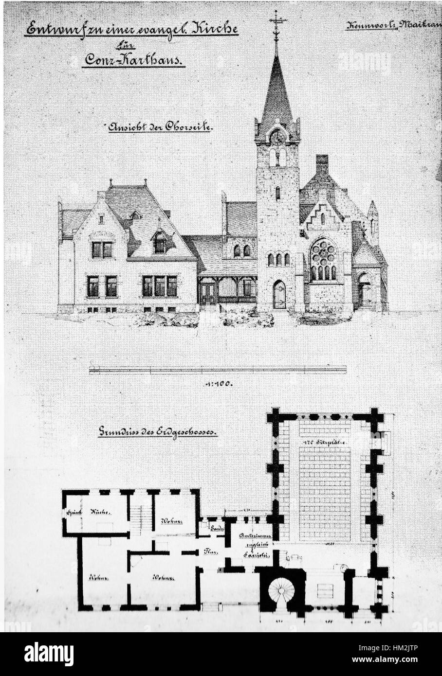 Cette conception de 1892, intitulée 'Kirche Konz Karthaus', est un concept architectural pour une église, mettant en valeur le design ecclésiastique de la fin du XIXe siècle. Le dessin met l’accent sur des éléments architecturaux détaillés, des vitraux et la disposition de l’église, représentant les tendances de la construction religieuse de l’époque. Banque D'Images