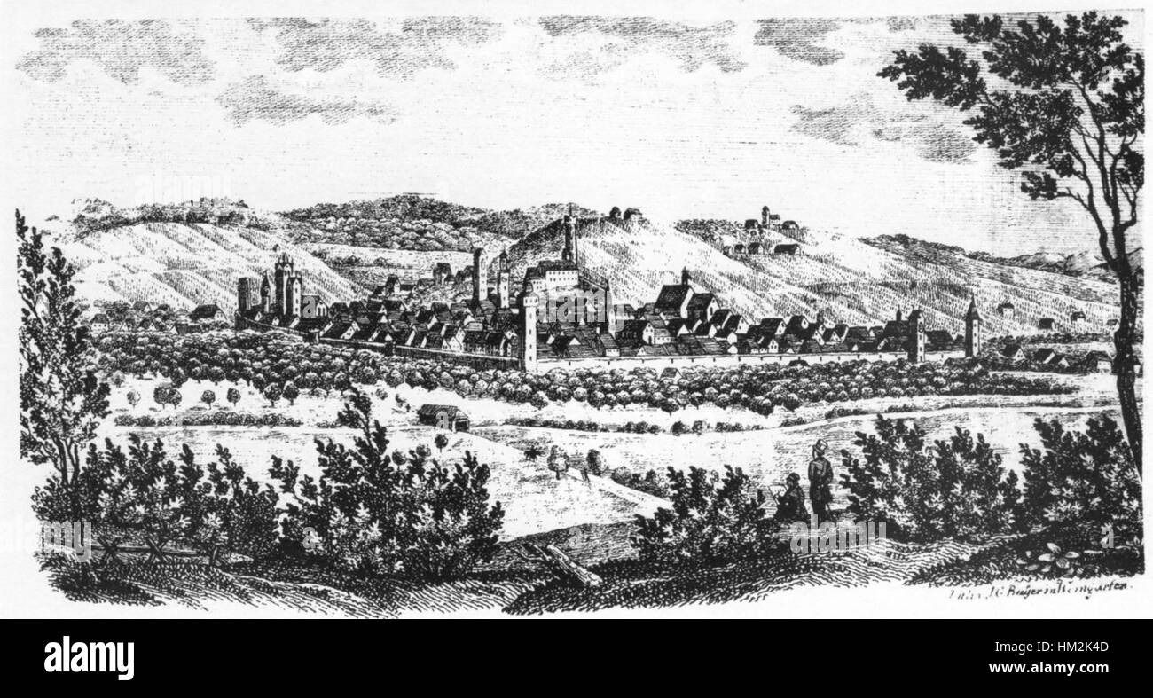 Une peinture de paysage détaillée de Johann Georg Bayer, créée vers 1840, représentant la beauté scénique de Ravensburg avec une attention méticuleuse aux détails dans les éléments naturels. Banque D'Images