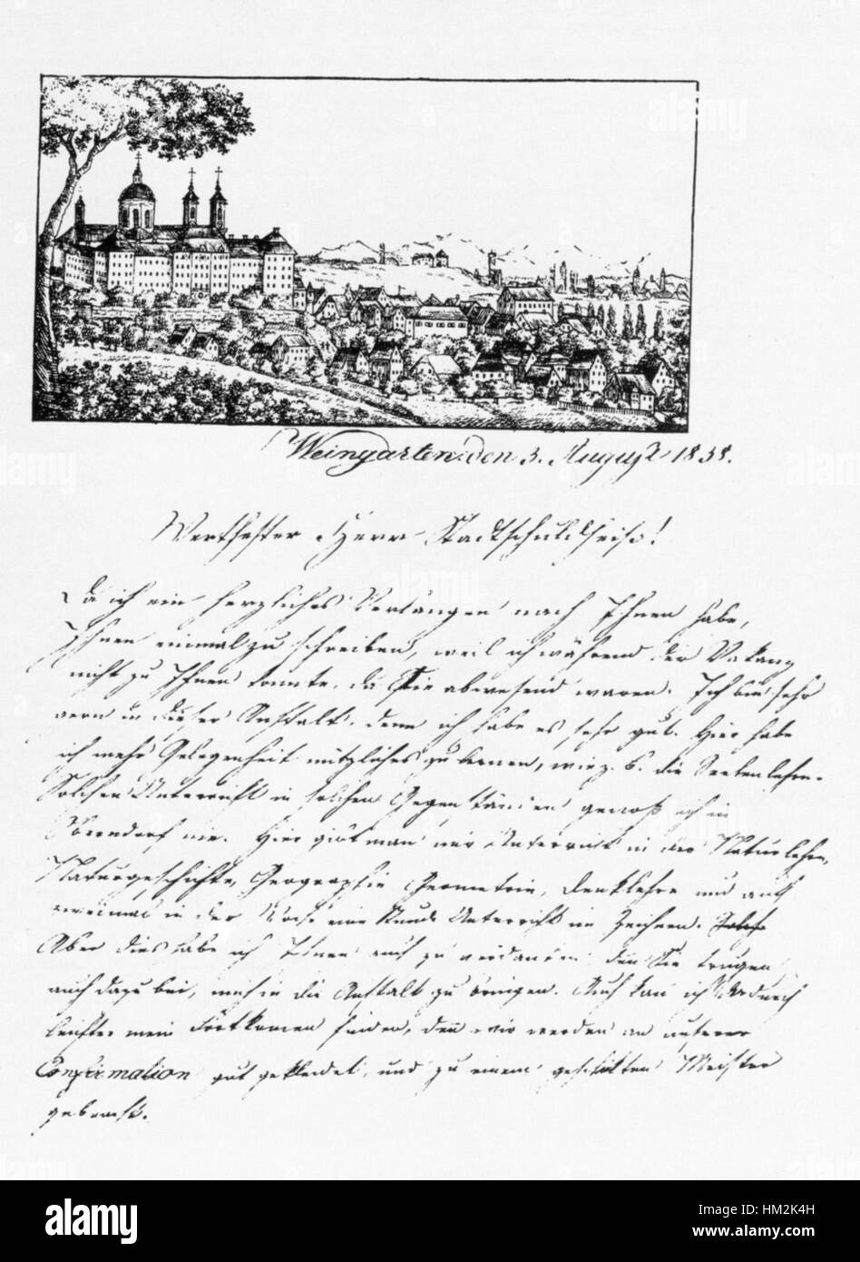 Le 'Johann Georg Bayer Briefkopf' est une œuvre historique de 1838, présentant un en-tête magnifiquement conçu. L'œuvre représente un mélange de calligraphie classique et de graphisme du XIXe siècle. Banque D'Images