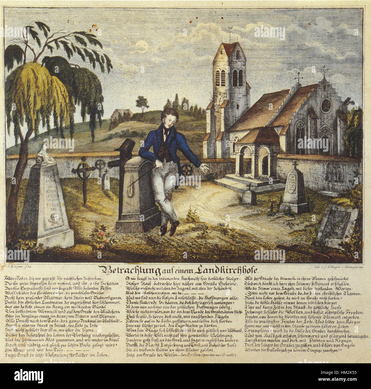 'Betrachtung auf einem Landkirchhofe' de Joseph et Johann Georg Bayer est un tableau de 1846 représentant une scène de cimetière rural. L'œuvre reflète l'attention portée aux détails par les artistes dans la représentation de la vie quotidienne en Allemagne du XIXe siècle, en utilisant des tons discrets pour transmettre une atmosphère sombre typique de l'époque. Banque D'Images