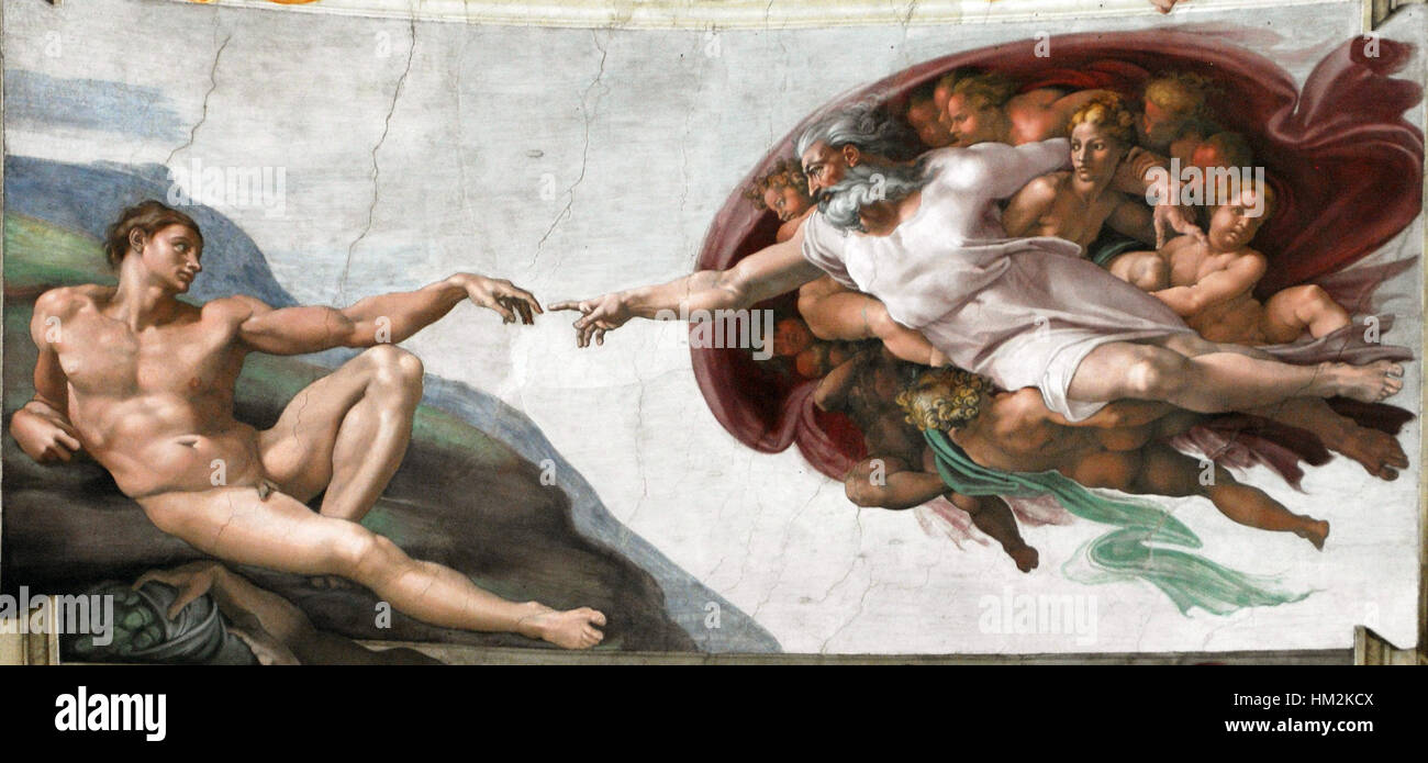La Création d'Adam, une fresque de Michel-Ange située au plafond de la Chapelle Sixtine, est l'une des œuvres les plus vénérées de l'art de la Renaissance. Banque D'Images