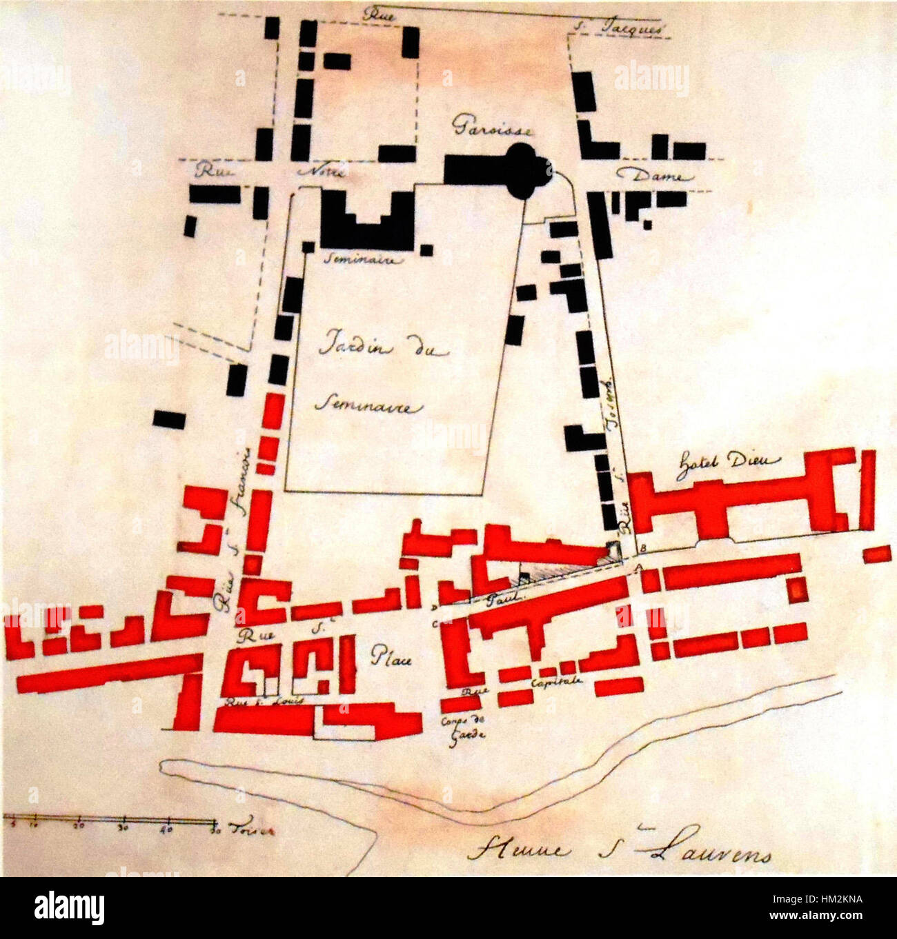 Une peinture représentant l'incendie de 1721 à Montréal, capturant la scène dramatique de l'incendie qui a dévasté certaines parties de la ville. L'œuvre reflète l'événement tragique et l'impact sur le développement urbain précoce de Montréal. Banque D'Images