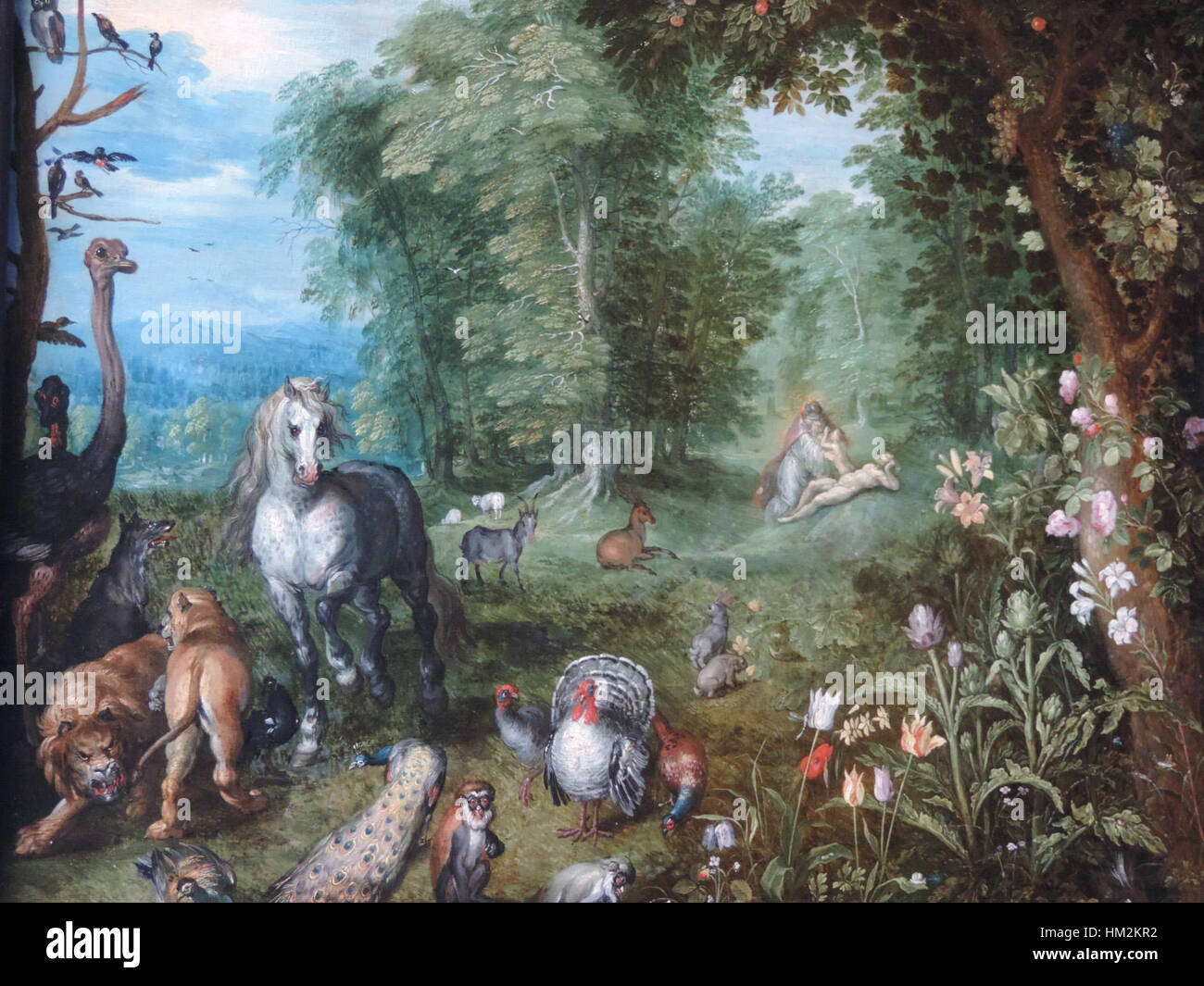 La peinture à l'huile de Jan Brueghel le Jeune, 'Paradis avec la Création d'Ève', présente l'histoire biblique de la création, montrant le Jardin d'Éden et le moment décisif de la création d'Ève, une scène tirée du récit biblique d'Adam et Ève. Banque D'Images