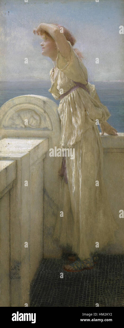 Hopeful de Lawrence Alma-Tadema est une peinture classique qui dépeint une représentation émotionnelle et réaliste d'une jeune femme, mettant en valeur le talent d'Alma-Tadema pour des portraits détaillés et expressifs. Banque D'Images