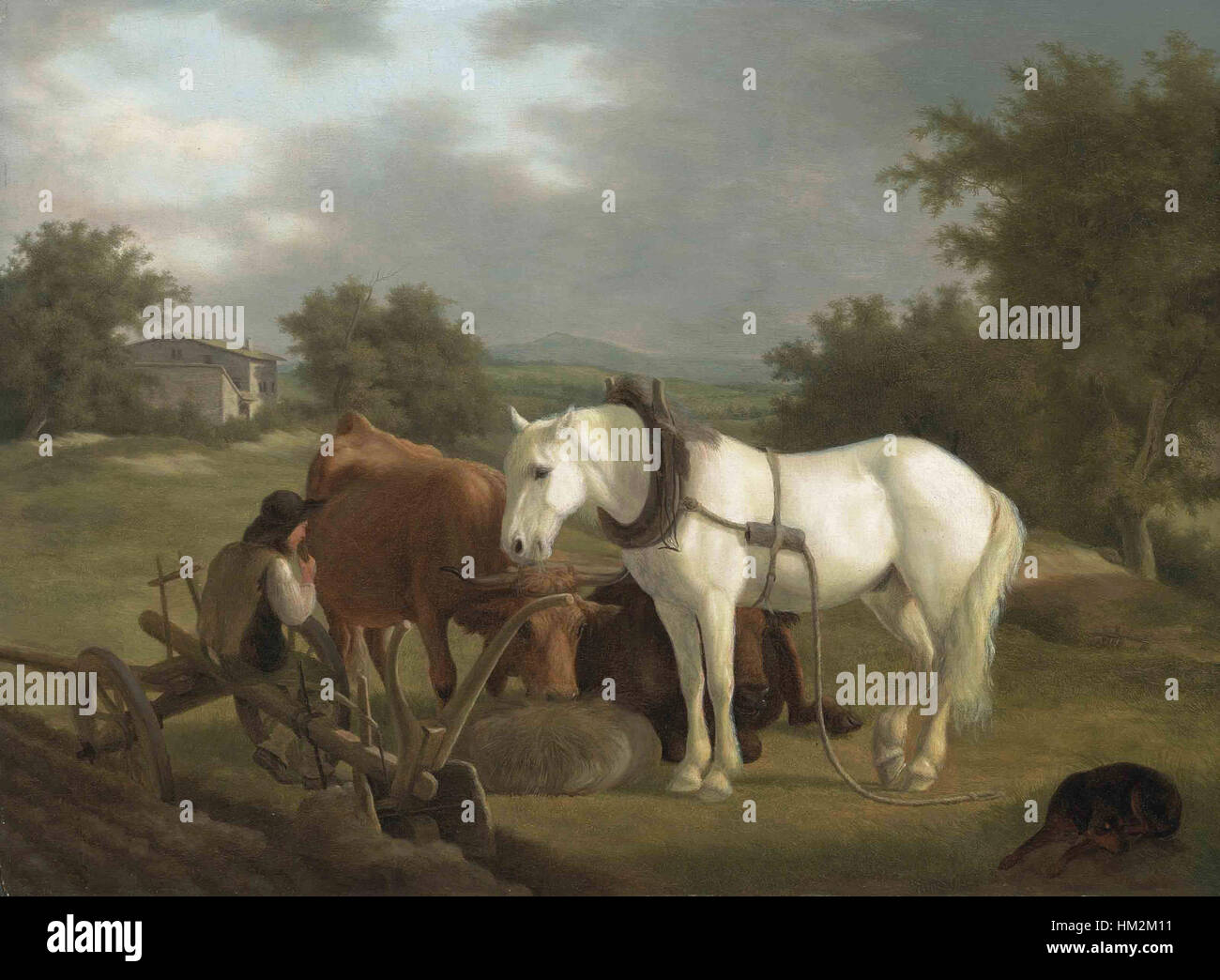Jacques Laurent Agasse - un paysage rural avec laboureur se reposant avec son cheval gris, le bétail et de chien Banque D'Images