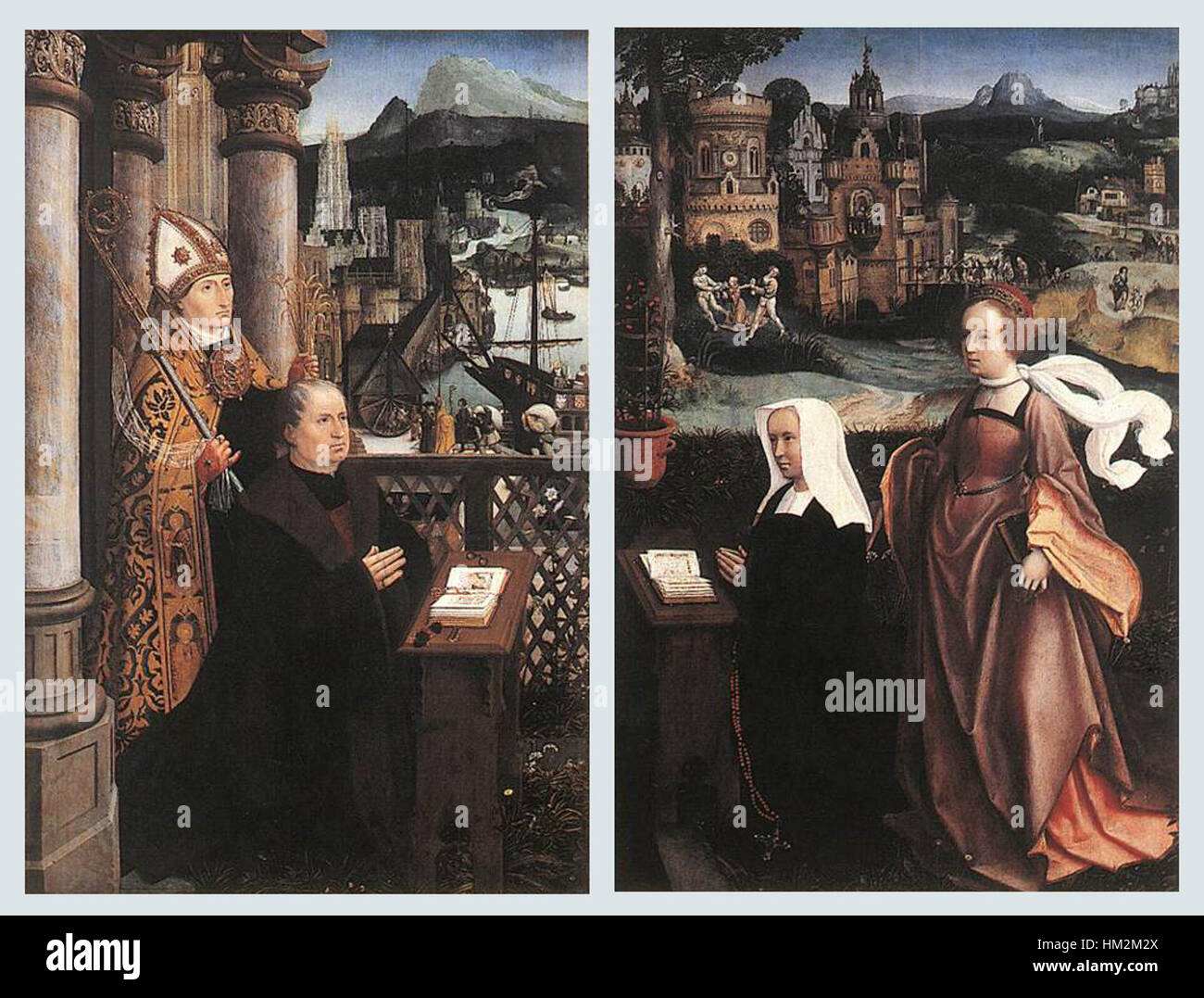 Le tableau de Jan Provoost, « Donor with réussis Nicholas and his Wife with réussis Godelina », présente une scène religieuse avec le donateur, tous les deux Nicholas, et son épouse, tous les deux Godelina. L'œuvre illustre le portrait Renaissance et religieux compris Banque D'Images