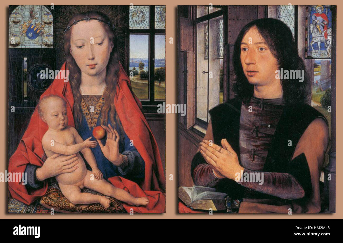 Le 'diptyque de Maarten Nieuwenhove' de Hans Memling est une œuvre d'art religieux renommée de la Renaissance du Nord. Il comporte deux panneaux représentant des figures religieuses, mettant l'accent sur l'artisanat détaillé et la signification symbolique. Banque D'Images