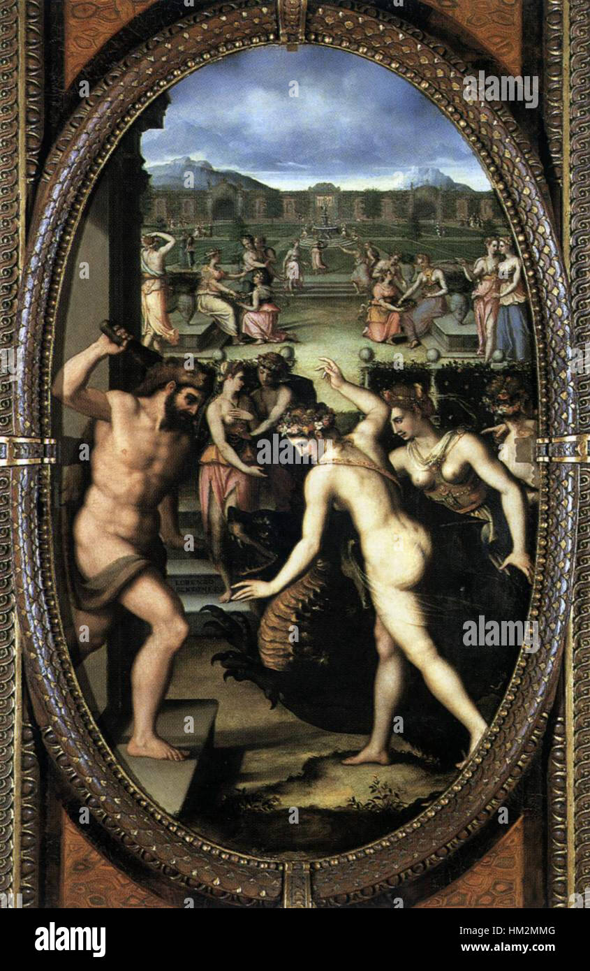 Cette fresque monumentale, peinte par le célèbre artiste, montre Hercule en train de tuer le dragon gardant les pommes dorées dans le jardin des Hespérides. La scène se déroule dans la mythologie classique, démontrant la force et l'héroïsme d'Hercule. Banque D'Images