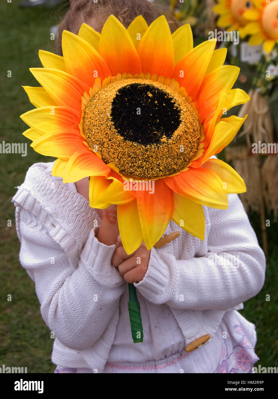 Une petite fille tenant un tournesol géant sur son visage à l'échelle nationale Garden Show, Shepton Mallet Banque D'Images