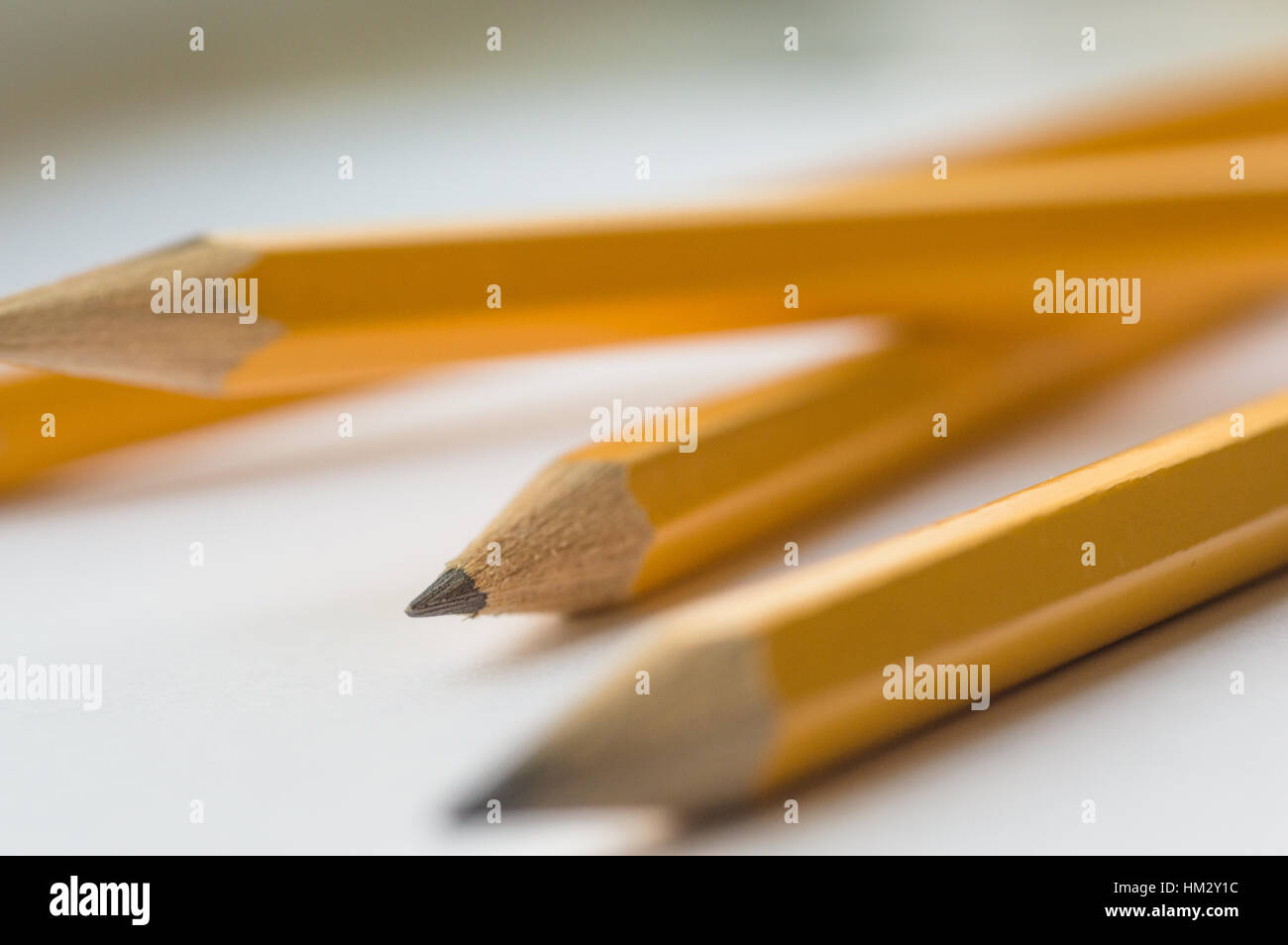 Un gros plan de quatre crayons de couleur jaune sur un fond blanc. Banque D'Images