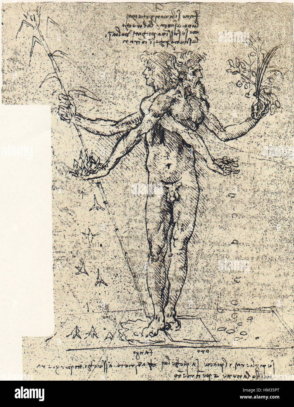 Le dessin inconnu de Léonard de Vinci d’une figure androgyne à deux têtes reflète son exploration de l’anatomie et de la forme humaine. Le croquis démontre son étude continue de la complexité du corps humain. Banque D'Images