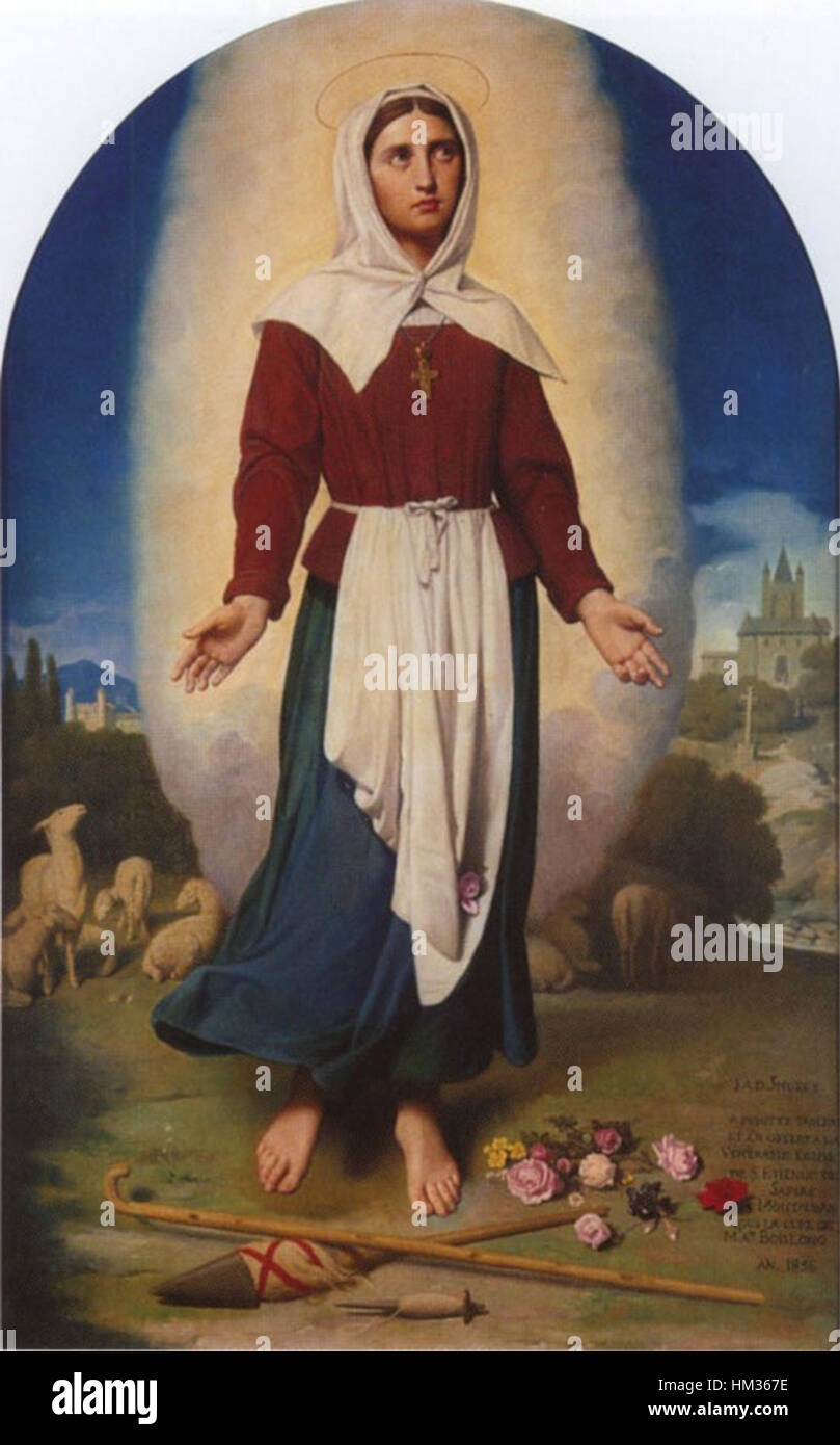 Cette peinture à l'huile de Jean-Auguste-Dominique Ingres représente Sainte Germaine cousine, une sainte française connue pour son humilité et sa piété. L'œuvre illustre le style néoclassique d'Ingres et son interprétation précise des sujets religieux. Banque D'Images