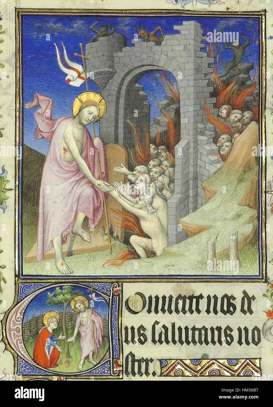 Cette illustration est extraite du manuscrit des grandes heures de Jean de Berry, représentant le Christ dans les limbes, un thème de la théologie chrétienne. Le manuscrit enluminé date du début du XVe siècle et est connu pour ses œuvres d'art détaillées. Banque D'Images