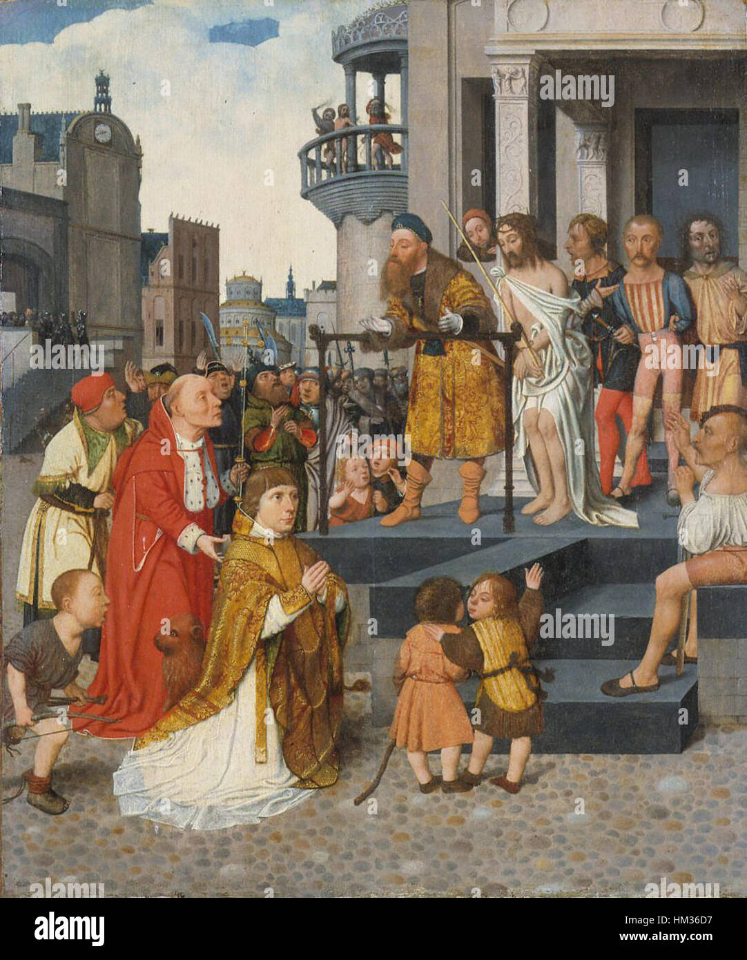 Cette peinture de Jan Mostaert représente le Christ présenté au peuple, une scène religieuse reflétant le style de la Renaissance du début. Il souligne le rôle central du Christ dans les récits religieux. Banque D'Images