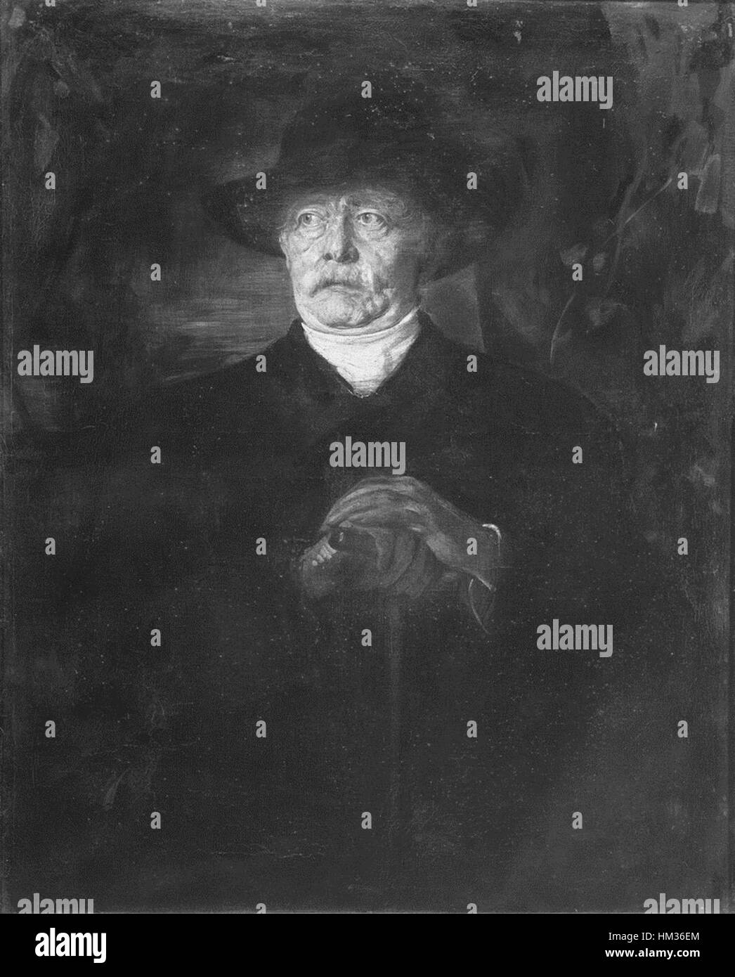 Cette œuvre, représentant le portrait du prince Otto von Bismarck, réalisé par Franz von Lenbach, est une représentation détaillée de l'homme d'État prussien. Bismarck est représenté avec autorité, incarnant son rôle dans la formation de l'Europe moderne au XIXe siècle. Banque D'Images