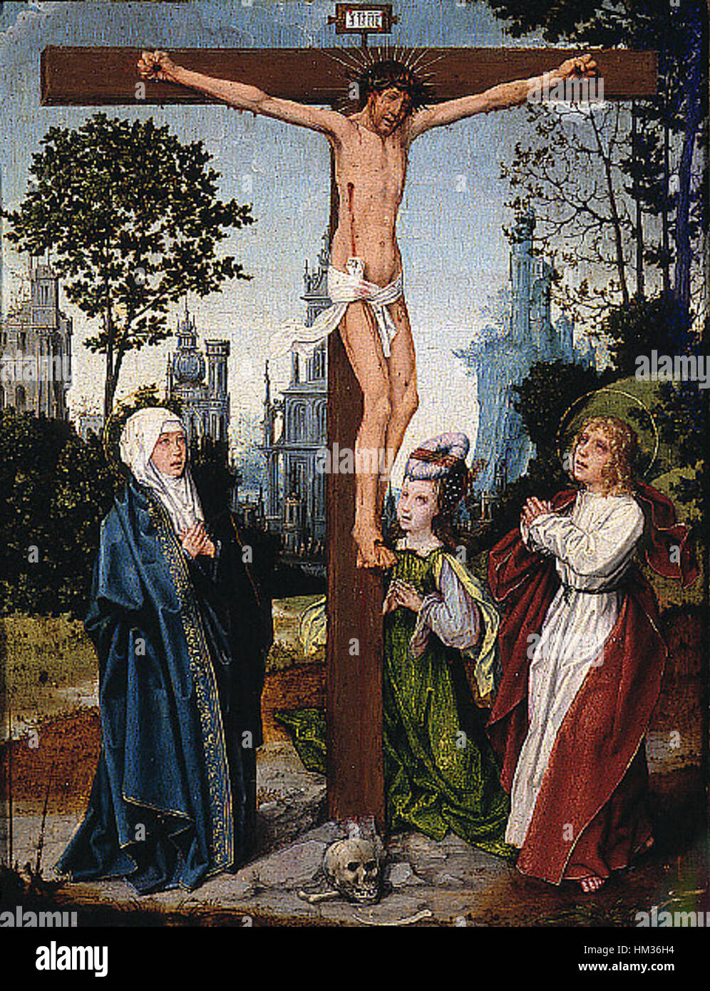 La Crucifixion de Jan Provoost est un bel exemple de culte du début de la Renaissance La peinture capture le moment charnière de la crucifixion du Christ avec une intensité émotionnelle dramatique, mettant en valeur le style distinctif de Provoost et la maîtrise de la peinture à l'huile. Banque D'Images