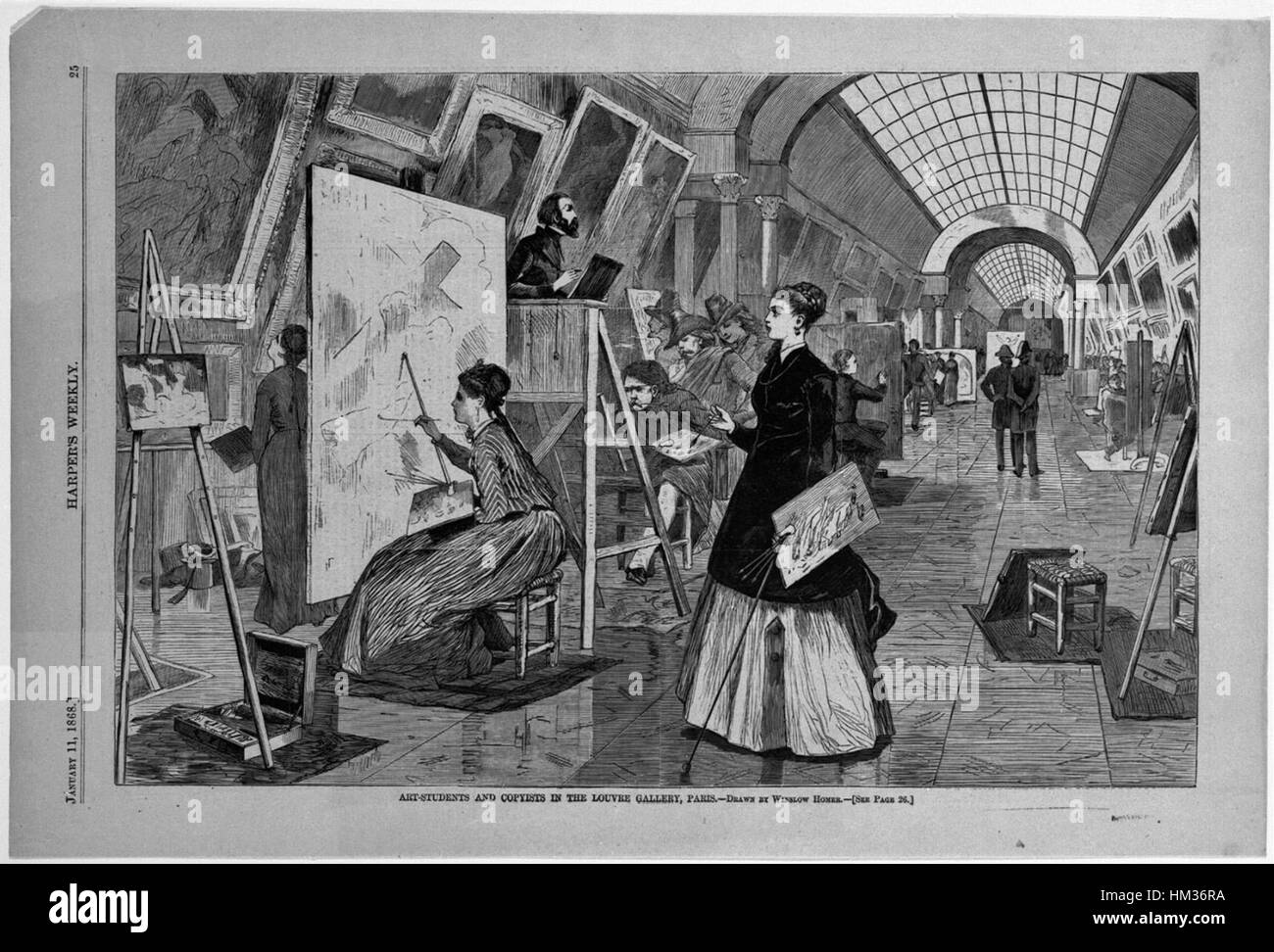 « Art-Students and copyists in the Louvre Gallery, Paris » de Winslow Homer capture une scène d'étudiants et d'artistes étudiant et copiant des chefs-d'œuvre au musée du Louvre. La peinture offre un aperçu du monde de l'éducation artistique au XIXe siècle. Banque D'Images