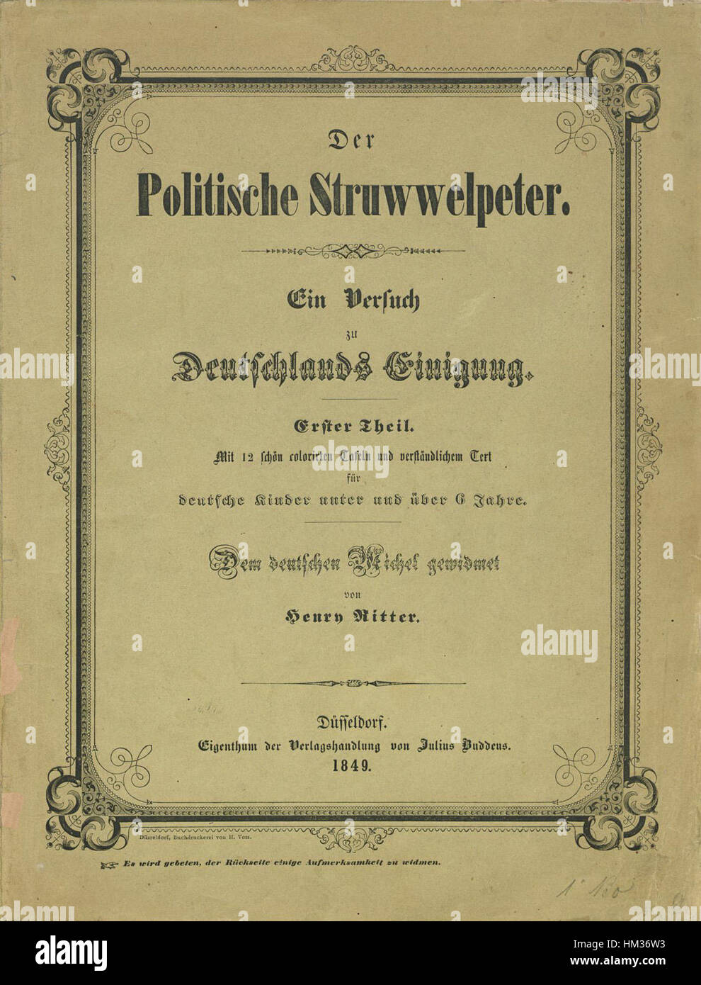 Illustration vintage de Henry Ritter, page de titre du célèbre livre allemand pour enfants *Politischer Struwwelpeter*, connu pour ses illustrations satiriques et ses commentaires politiques de l'époque. Banque D'Images
