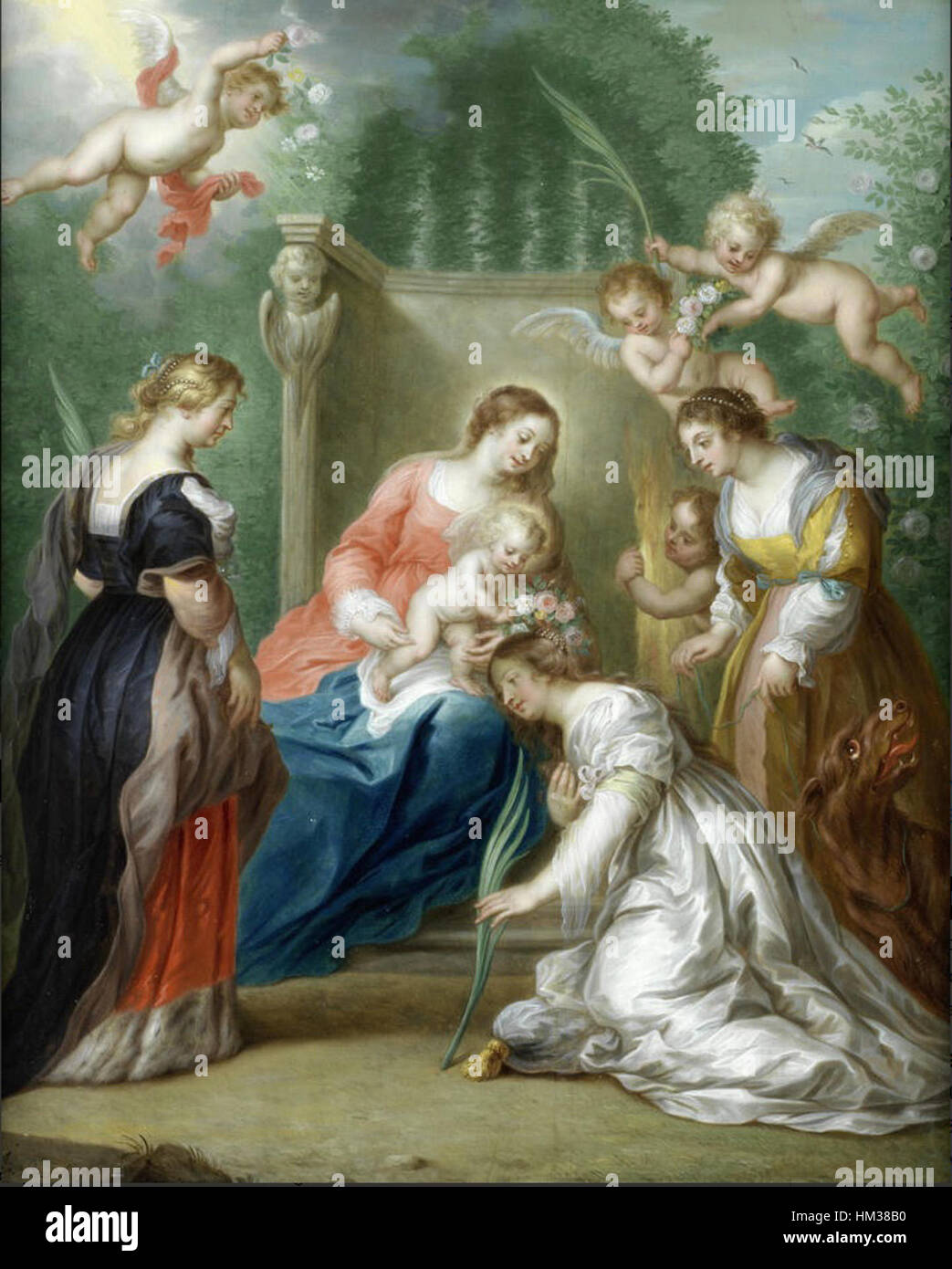 La peinture de Jacob Andries Beschey la Vierge à l’enfant avec les saints représente des figures religieuses, dont les saintes Marguerite d’Antioche, Catherine d’Alexandrie et Élisabeth de Hongrie. C'est un bel exemple de religieux compris au XVIIIe siècle Banque D'Images