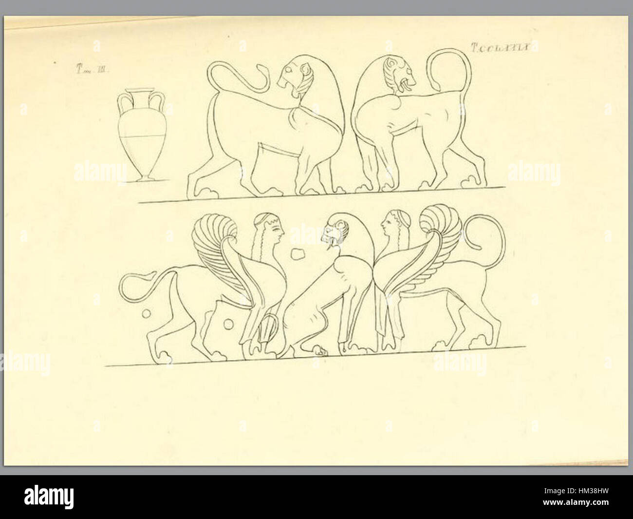Cette œuvre, qui fait partie de 'Pitture di vasi fittili' d'Inghirami (1835), illustre des poteries anciennes et des céramiques. La série se concentre sur l'art et l'histoire des vases en terre cuite et leurs motifs décoratifs de l'Antiquité. Banque D'Images