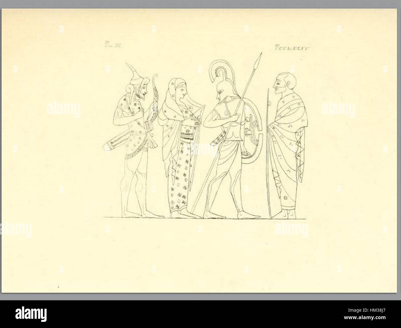Cette illustration du volume de 1835 'Pitture di vasi fittili' d'Inghirami met en valeur d'anciennes poteries étrusques. L'œuvre fournit une référence visuelle détaillée pour les motifs ornementaux trouvés sur les vases en terre cuite de l'Antiquité, soulignant l'importance culturelle de ces artefacts dans la civilisation étrusque. Banque D'Images