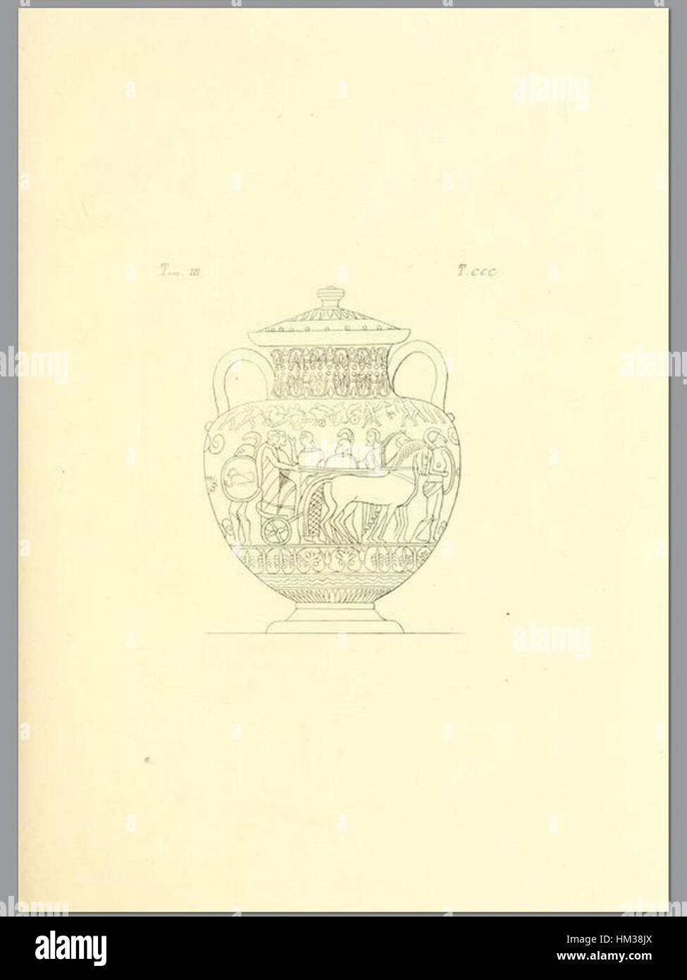 Pitture di vasi fittili Vol3 T300 est une collection d’illustrations d’Inghirami, centrées sur des vases en terre cuite peints. La publication de 1835 reflète l'intérêt des savants du XIXe siècle pour la poterie grecque et romaine antique, avec des représentations détaillées d'artefacts de l'époque classique. Banque D'Images