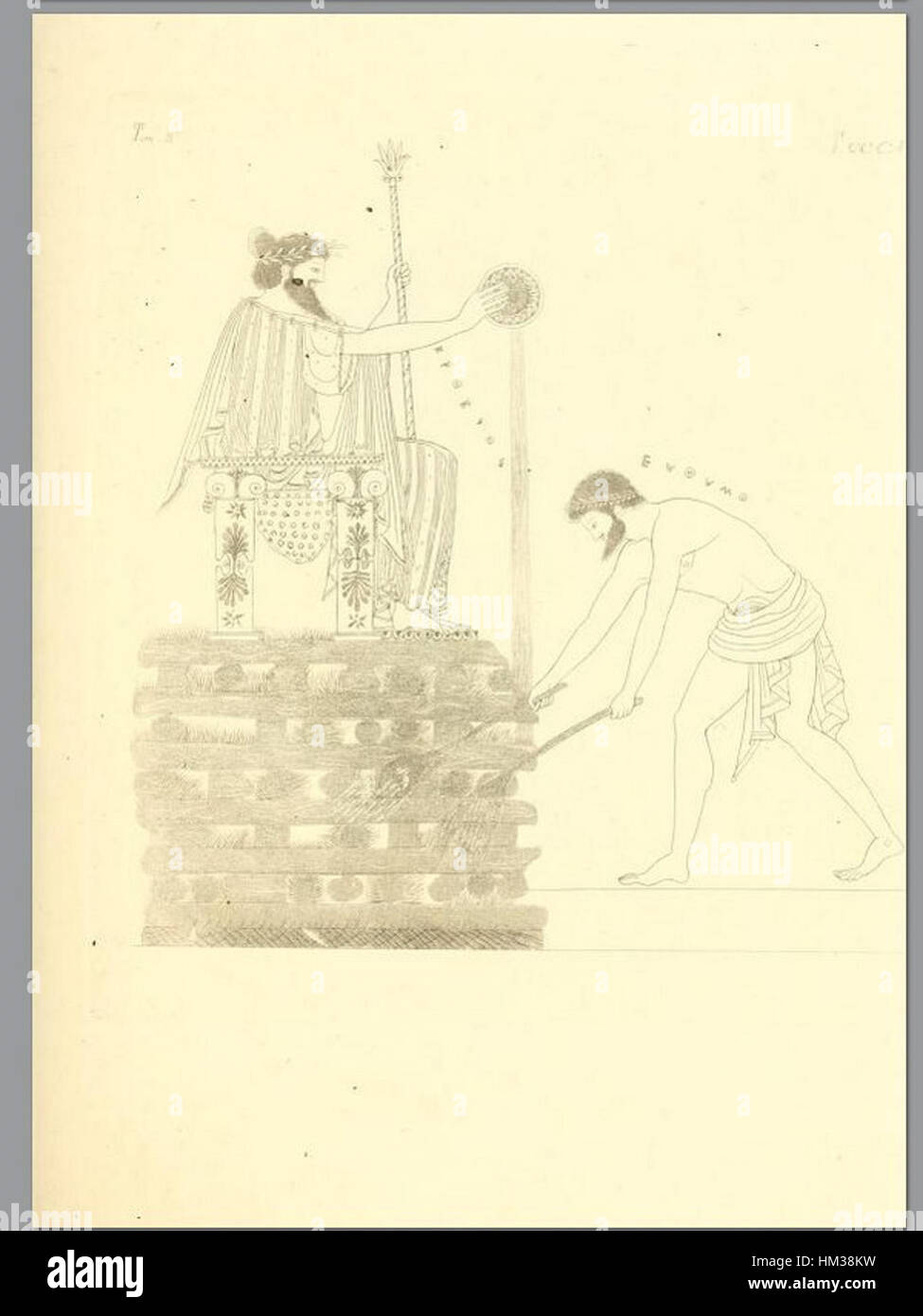 Cette œuvre, 'Pitture di vasi fittili' d'Inghirami (1837), met en valeur la poterie étrusque antique à travers des illustrations détaillées. Il offre un aperçu des styles artistiques et de l'artisanat de la civilisation étrusque. Banque D'Images