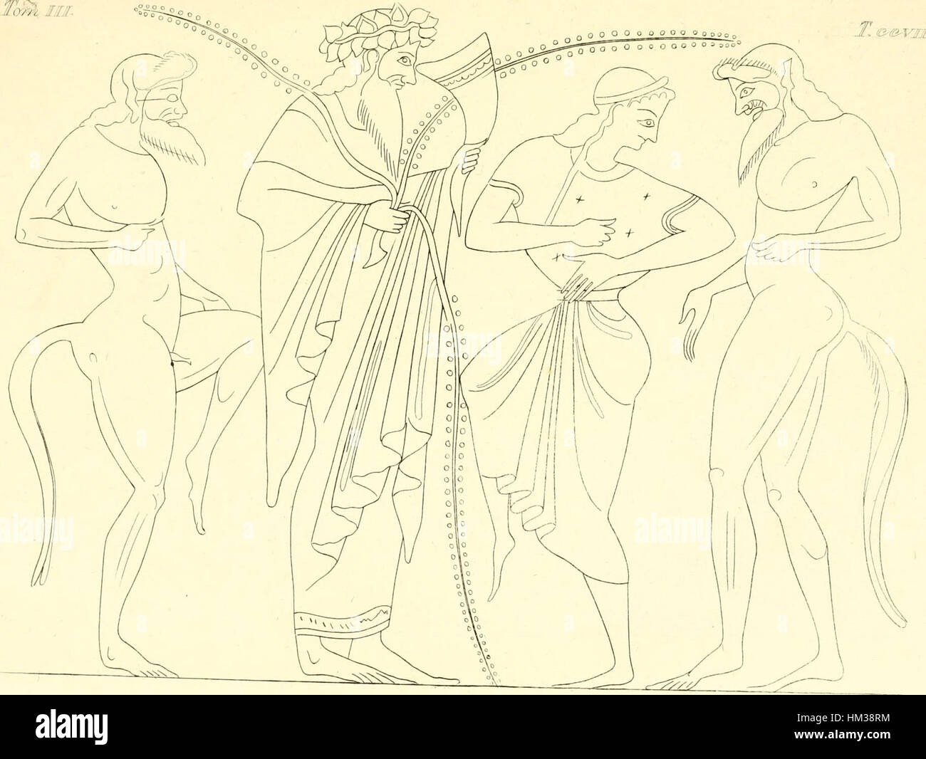 Illustration de la série Pitture di vasi fittili d'Inghirami de 1835, cette pièce montre des représentations détaillées d'anciennes poteries étrusques. Les motifs complexes sur les vases représentent les normes culturelles et artistiques de la civilisation étrusque, mettant en valeur leur savoir-faire artisanal dans des œuvres en terre cuite. Banque D'Images