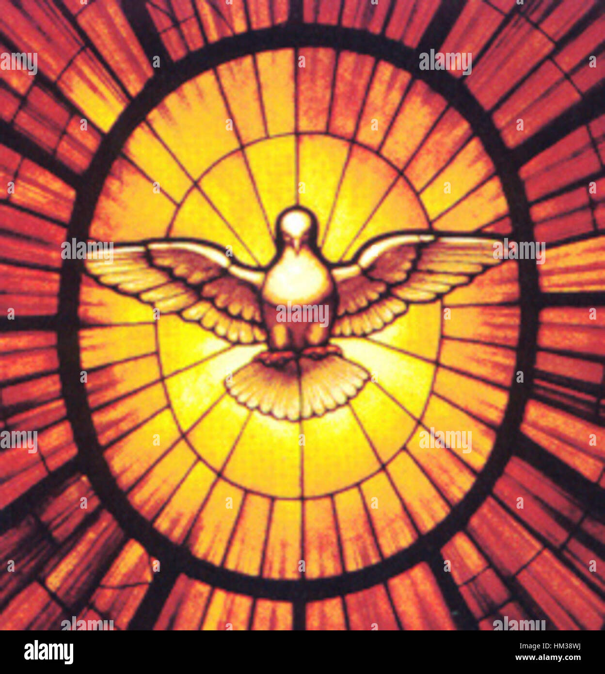 Ce détail d’une œuvre religieuse montre l’esprit Saint représenté comme une colombe, une représentation symbolique de la présence divine dans l’iconographie chrétienne. Les coups de pinceau délicats et les couleurs douces soulignent la signification spirituelle de l'image. Banque D'Images