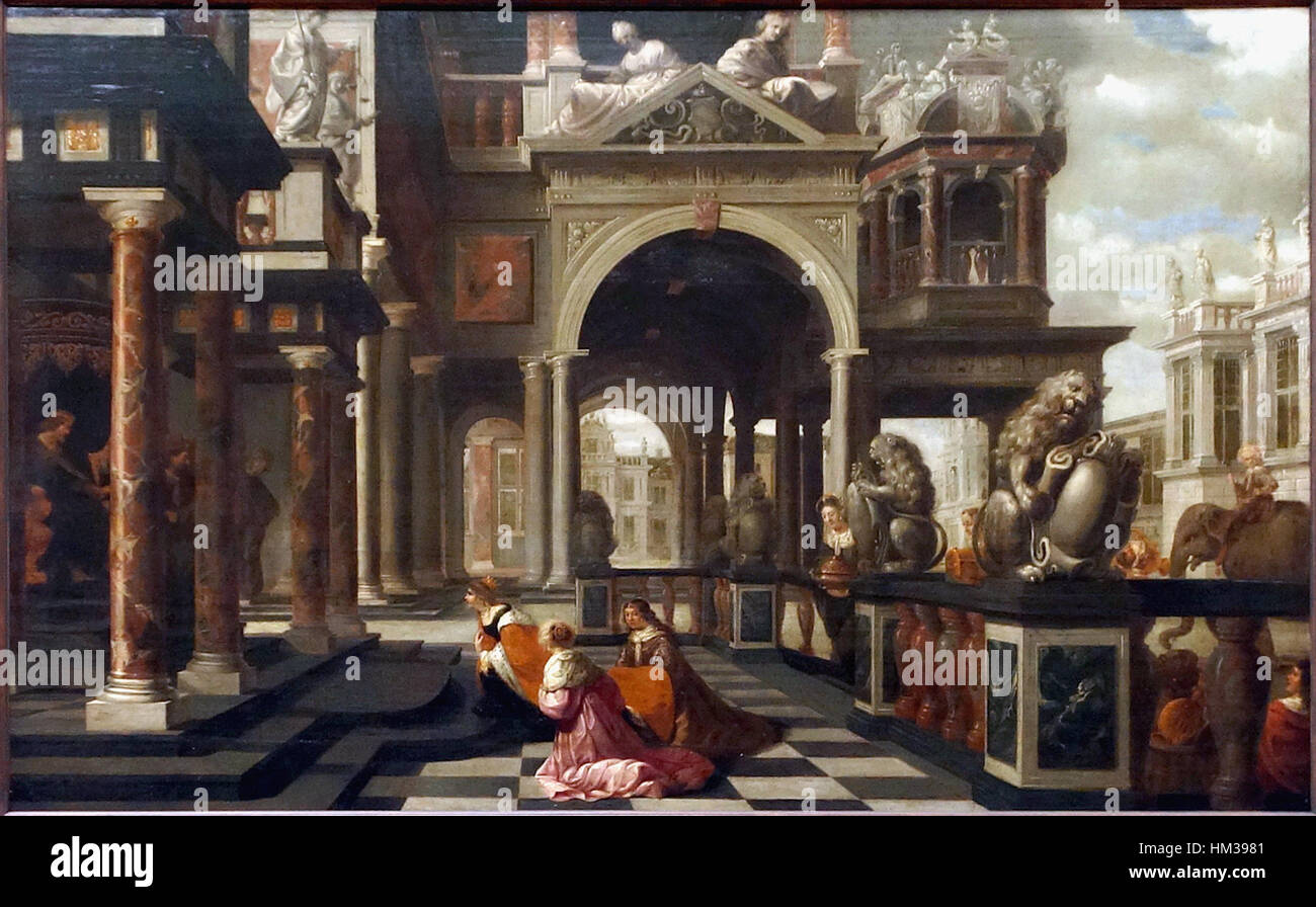 Cette peinture de Salomon van Delen, installée à Lille, représente des paysages architecturaux et des vues sur la ville dans le style de la peinture baroque hollandaise du XVIIe siècle. Van Delen est connu pour ses représentations précises et détaillées des bâtiments et des espaces urbains. Banque D'Images